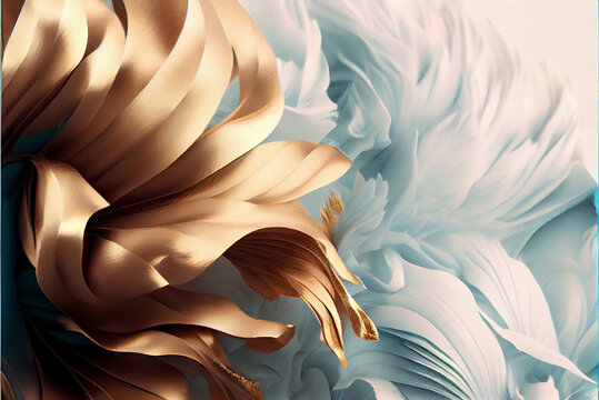 abstract beautiful soft feathers and fur, extrem evolution,fantasy green white and gold pastel colors background,generative ai.