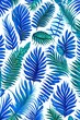 © unalcreative - Exotic tropical leaves drawn on the blue wall. Floral background. Design for wallpaper, photo wallpaper, wallpaper, card, postcard - generative ai