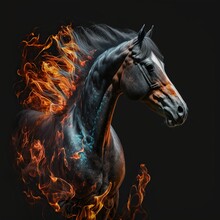 Illustration, Flaming Horse, Fantasy, Ai Generative