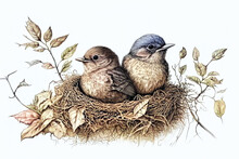 Two Little Birds Sitting In The Nest Generative AI