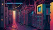 A detailed illustration of a server room with racks of blinking machines and colorful cables AI Generated