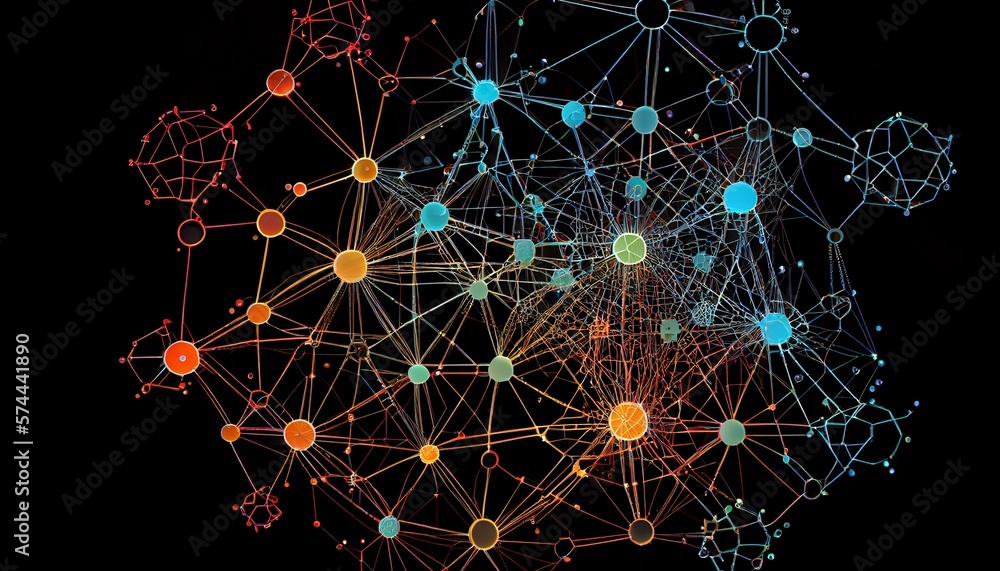 A detailed illustration of a complex network of interconnected geometric shapes, with different nodes and connections. AI Generated