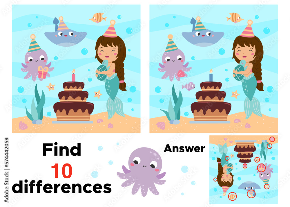 Find 10 differences. Educational game for children. Cute mermaid ...