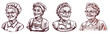 Set of happy grandma portraits hand drawn engraving style woodcut vector illustration Eps 10.