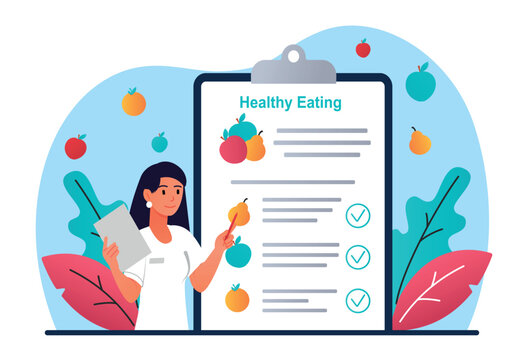 Woman with healthy eating. Nutritionist draws up nutrition plan, diet. Vegetables and fruits, healthy food with vitamins and minerals. Habits corrective workshop. Cartoon flat vector illustration