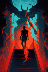 Wall Mural - painting of a demon standing on a stairway, hell art illustration 