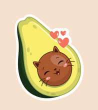 Kawaii Avocado Sticker. Fruit With Cats Face Instead Of Seed. Healthy Nutrition, Vitamins And Microelements, Proper Nutrition And Diet. Natural And Organic Product. Cartoon Flat Vector Illustration