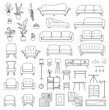© Rudzhan - Living room furniture line set. Collection of graphic elements for website. Sofas, armchairs, plants and lamp. Comfort and coziness. Cartoon flat vector illustrations isolated on white background