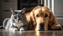 Golden Retriever And British Shorthair Cat Huddling Together On The Grass Generative Ai
