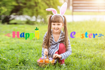 Wall Mural - Easter greeting card with little girl gathering eggs in park