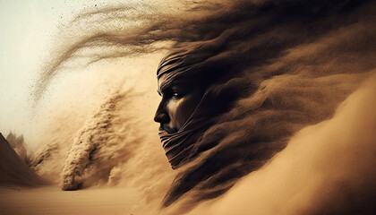 a sandstorm in the desert, a head comes threatening out of the storm