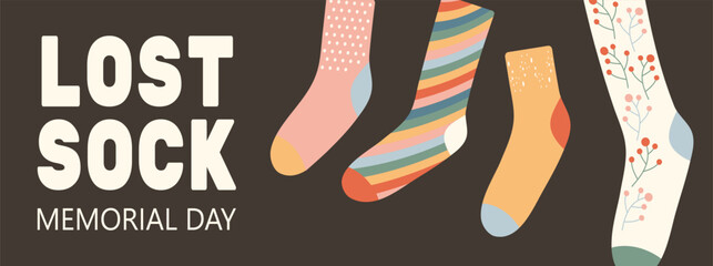 Wall Mural - Lost sock memorial day. May 9. Wool, cotton warm accessories with modern patterns and text template. Unpaired single socks of retro muted palette. Vector illustration