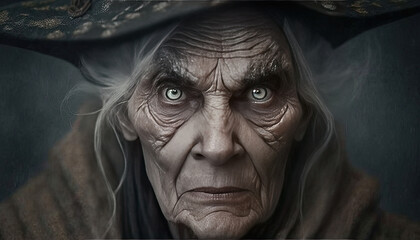 Wall Mural - old woman with wrinkles and big hat, witch