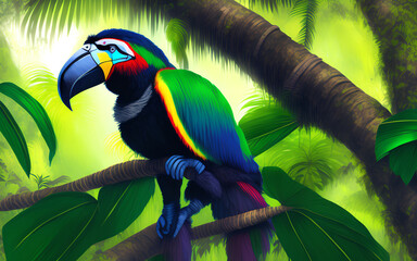 One toucan on a tree in the morning mist. Generative Al Illustration.