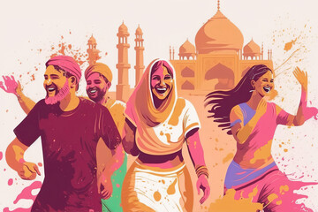 Wall Mural - Indian people celebrating the Holi festival with powder paint in the air. Holi colour festival. Spring Festival. The Hindu festival of colors. Flat vector illustration generative AI.