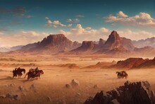 Wild West Prairies, Western Vintage Mountains. Concept Painting Of A Beautiful Western Background. AI. 4k, 8k, Panorama. Generative AI