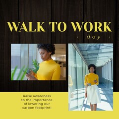 Sticker - Composition of walk to work day text and african american businesswoman walking in office