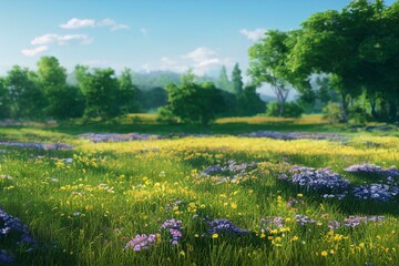 spring landscape with colorful wildflowers in a green meadow on a blue day, generative ai