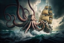 Kraken Octopus Attacking Pirate Ship On The High Seas, Generative AI