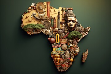 africa map mosaic, map of africa made from objects of african culture, black history, generative ai