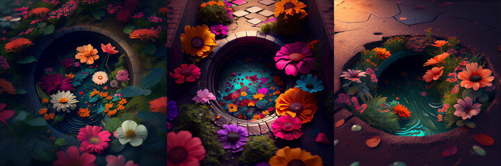 Poster - Spring floral abstract composition with a sewer hole , colorful flowers, floral art, beautiful pond art, collection, background with leaves