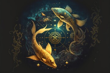 Wall Mural - Pisces_Constellation_Concept_Stars_Clock_Fish_Spring_Medallion_Generative_AI