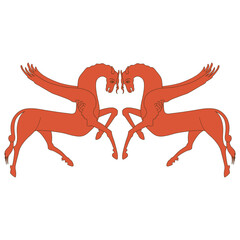 Wall Mural - Symmetrical animal design with two red winged horses. Medieval Russian folk style. Pegasus. Isolated vector illustration. On white background.