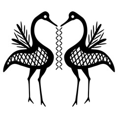 Wall Mural - Symmetrical animal design with two funny standing birds holding wriggling worms in their beaks. Archaic ancient Greek vase painting folk style. Black and white silhouette.