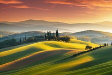 Springtime Sundown In Tuscany With Wave Hills, Cypress Trees, And Stunning Sky Colors. Tuscany, Europe, And Italy. Generative AI