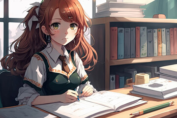 young anime girl doing homework, unsettled