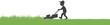 © cartoon-IT - Man with a lawnmower cutting weed and green grass. Mowed grass. Vector cartoon illustration, banner, background, silhouette for garden shop promotion