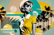 Young beautiful woman wearing 50s retro style dress and hat. Travel collage. Generative AI