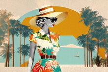 Young Fashion Woman Wearing 60s Retro Style Dress And Hat. Travel Landscape. Generative AI