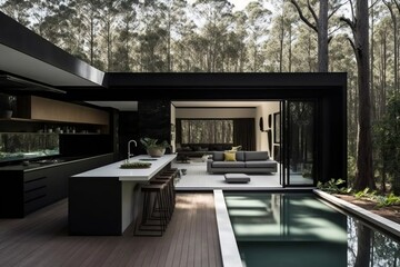 Wall Mural - modern outdoor swimming pool area with large forest and details, modern minimal kitchen. generative AI