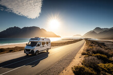 Motorhome Driving Under The Sunlight By The Coastline. Van Life Concept, Travel, Wanderlust. Generative AI
