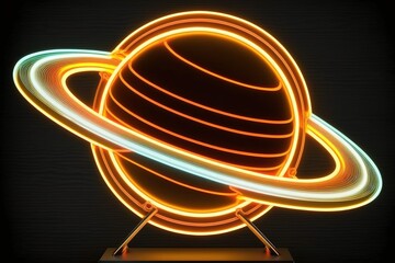 Wall Mural - Neon sign of Saturn over dark background. Generative AI illustration