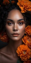 Latin American Beautiful Woman Fashion Head Shot With Amazing Orange Make Up And Surrounded By Marigold Flowers. Generative AI Vertical