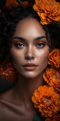 latin american beautiful woman fashion head shot with amazing orange make up and surrounded by marig