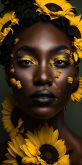 portrait of young african american woman face with amazing make up surrounded by sunflowers. generat