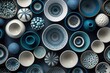 Aerial view of a set of handmade blue white pottery with patterns. Background. A-generated