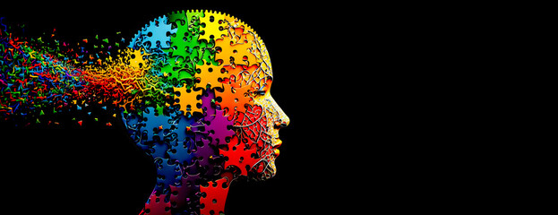 realism, human thinking human mind and brain colorful 3d puzzle pieces full of too many ideas. image