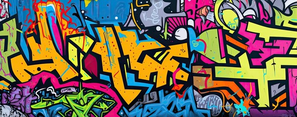 Wall Mural - Vibrant colors come alive in this street art mural, expressing the artists creativity through a mix of text and graffiti. Full Frame, Generative AI