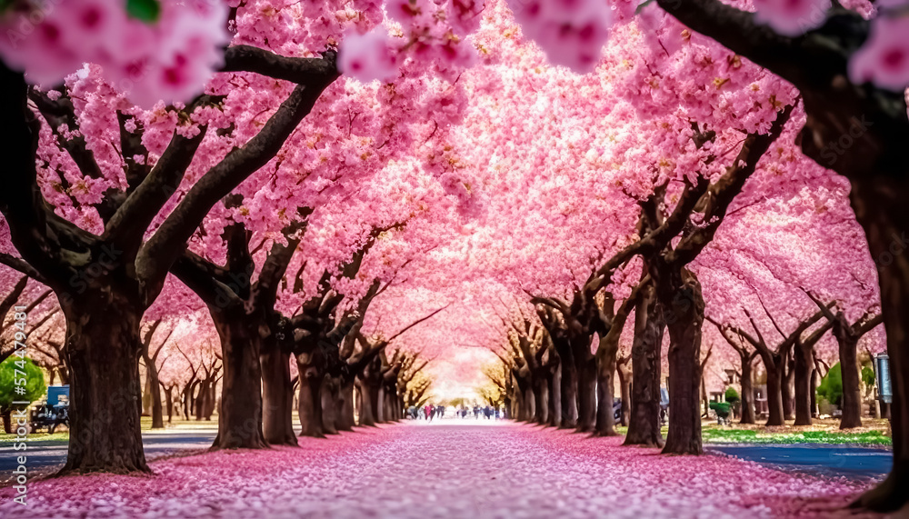 Naturealey Sakura Cherry blossoming alley. Wonderful scenic park with rows of ...