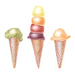 A watercolor image of waffle cones: one with four scoops of different types of ice cream (vanilla,coffee,milk and dark chocolate),the second and third each with one scoop of coffee,mint with chocolate