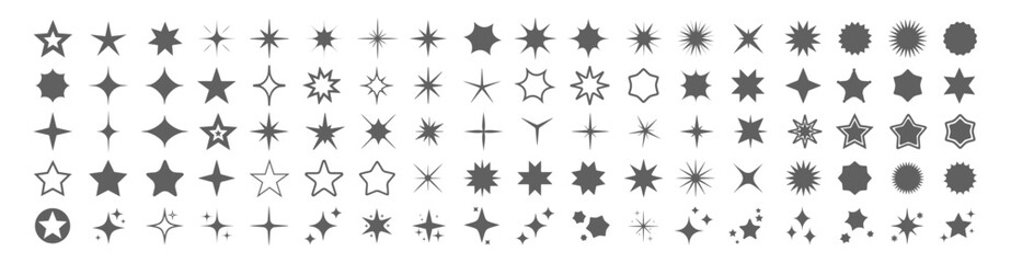 Wall Mural - Star icons vector set. Different black sparkles. Twinkling stars, shining burst. Christmas vector symbols isolated on white background