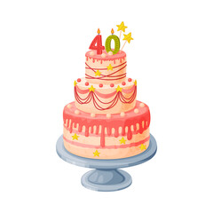 Sticker - Candle on birthday cake with 40 number age. Festive dessert burning number shaped candle cartoon vector illustration