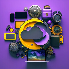 Wall Mural - Cloud Computing Conceptual Illustration. Cloud surrounded by Electronic Gadgets, Advertisement, Banner, E-Learning, Creative, Purple, Yellow.