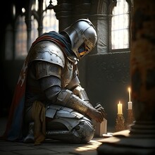 Knight Praying In A Monastery. Generative AI 
