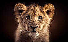Cute Little Lion With Happy Face Looking Straight Forward. Generative AI.