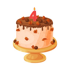 Wall Mural - Candle on birthday cake with 4 number age. Festive dessert burning number shaped candle cartoon vector illustration